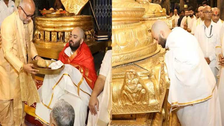 तिरुमाला मंदिर पहुंचे अनंत अंबानी ने भगवान वेंकटेश्वर को अर्पित किए अपने केश, मुंडन संस्कार की विशेष धार्मिक तस्वीरें।