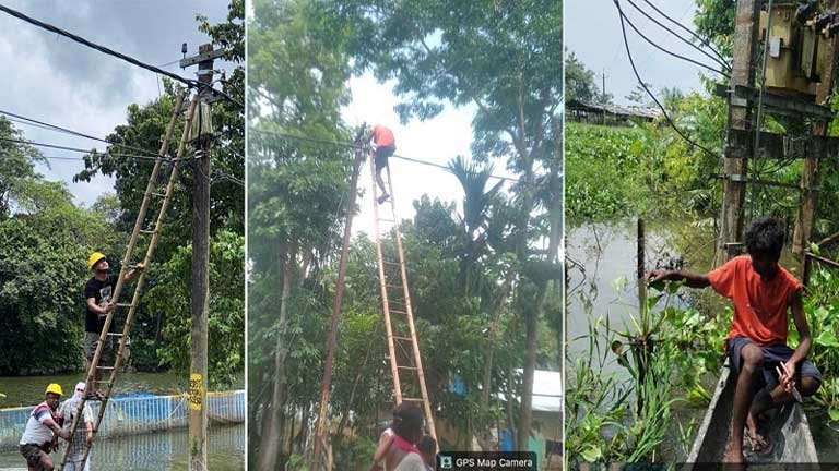 असम के जलमग्न गांवों में भीषण बाढ़ के कारण डूबे घर और सड़कों की स्थिति, आपदा प्रबंधन विभाग द्वारा राहत कार्य जारी।