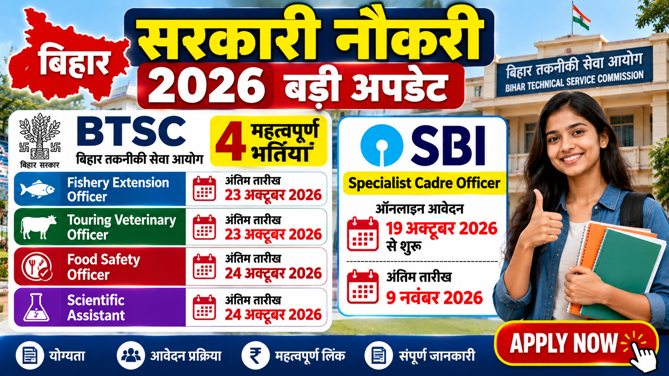 Bihar Govt Jobs 2026: BTSC की 4 भर्तियों के फॉर्म 23-24 अक्टूबर तक, SBI भर्ती भी कल से